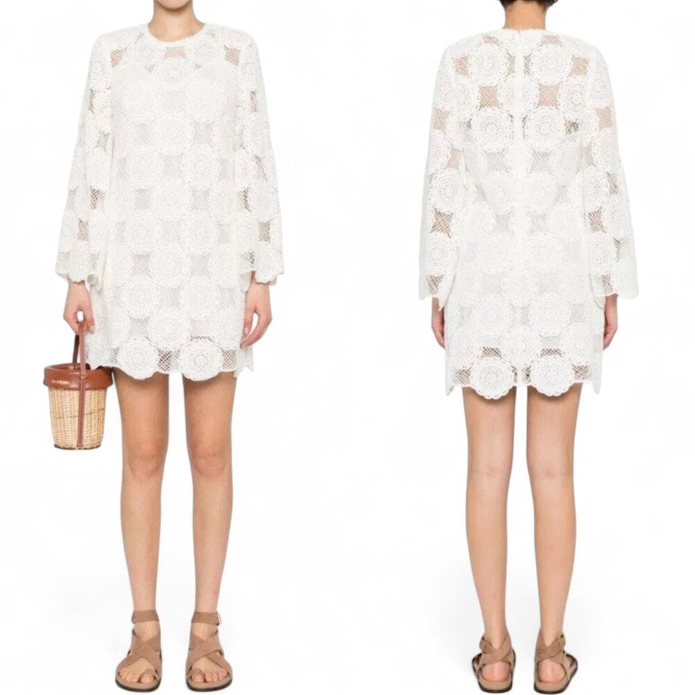 Zimmermann Junie Ivory Cotton Lace Crochet Mini Dress Cottagecore Sz 3 / 10 / L - Picture 2 of 9